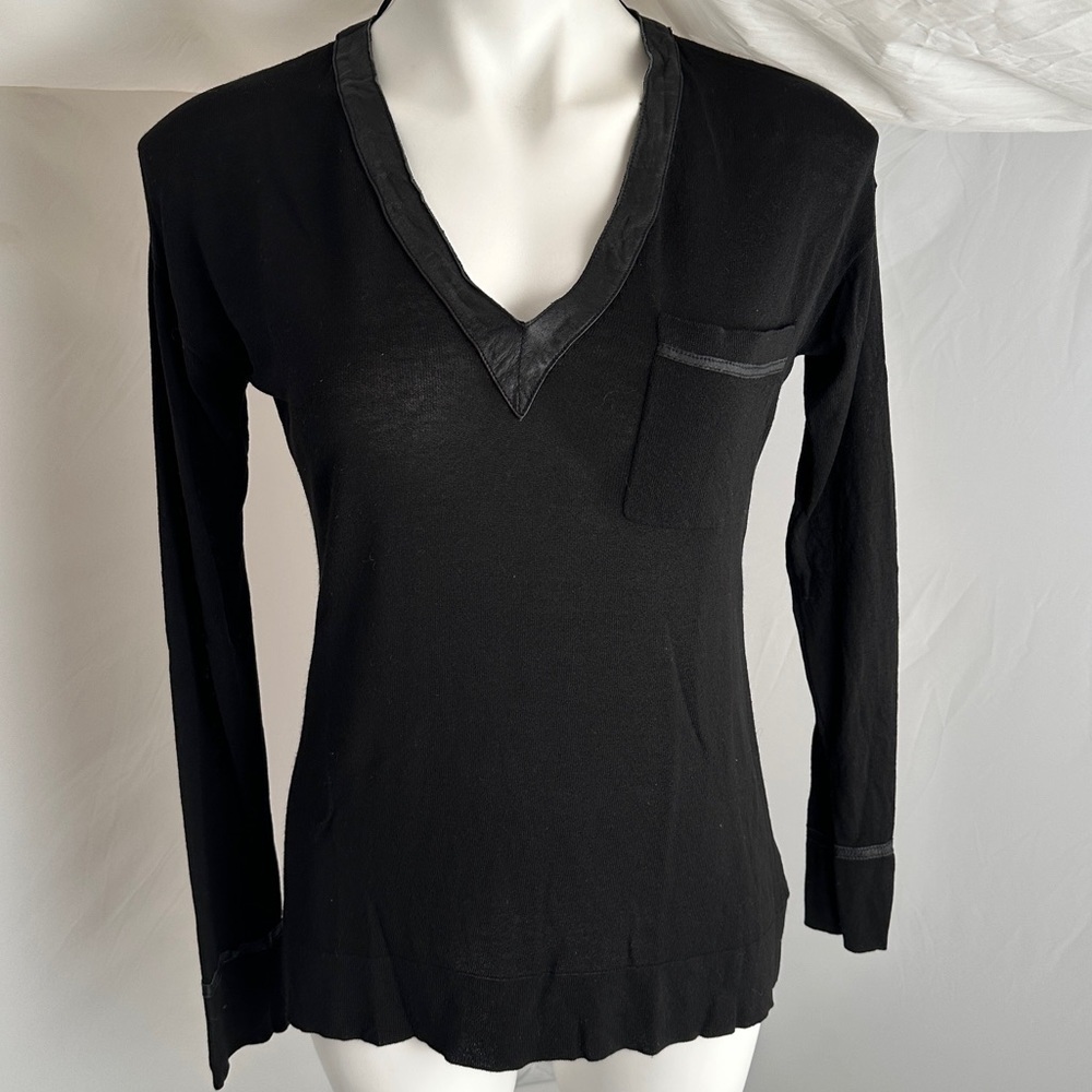 Elizabeth And James Black Lightweight Knit With Lamb Leather Trim V-Neck Top